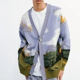 Menn peysa jakki Landslag Málverk Style Jacquard Prjónað Cardigan peysa